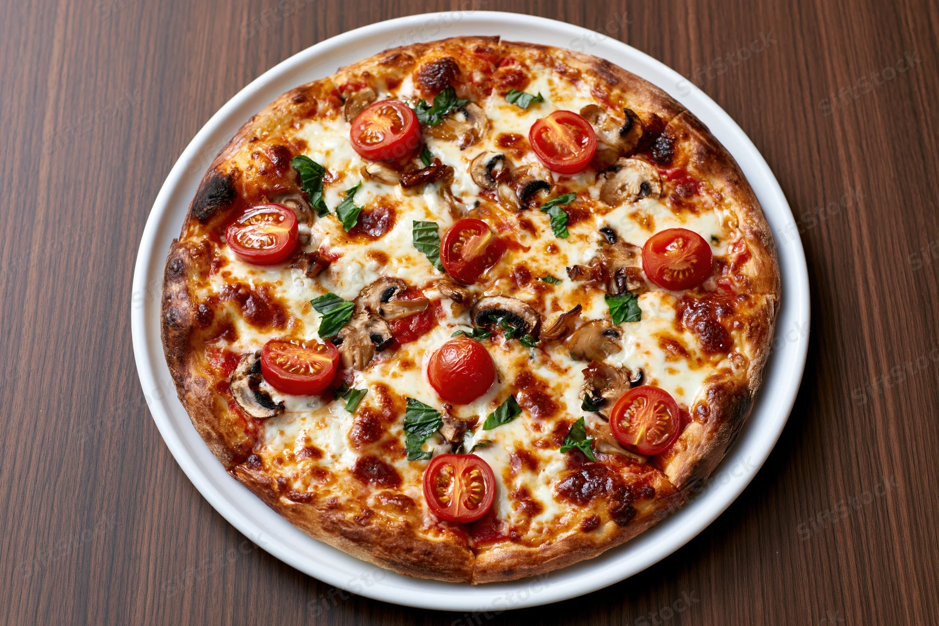 Whole baked pizza with melted cheese, tomatoes, mushrooms and basil on a white plate on a wooden table