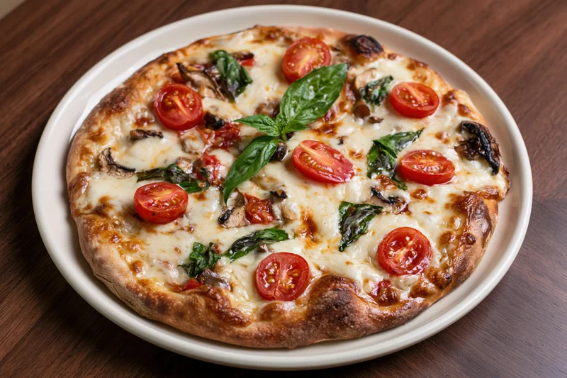 Baked pizza with melted cheese, cherry tomatoes, basil and mushrooms on a white ceramic plate on a wooden table