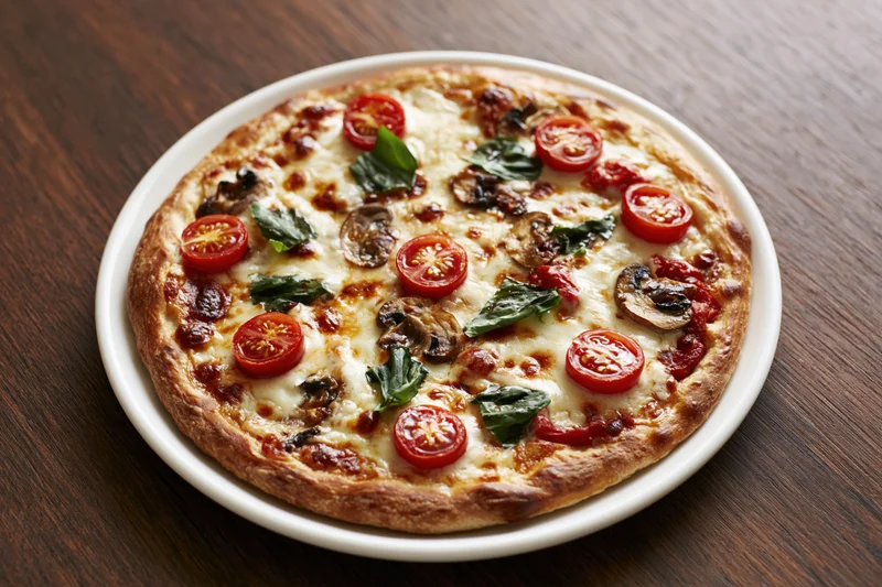 Baked pizza with melted cheese, tomatoes, mushrooms and basil on a white ceramic plate on a dark wooden table