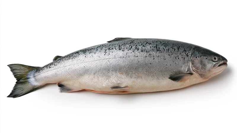Whole fresh atlantic salmon lying on its side on white background