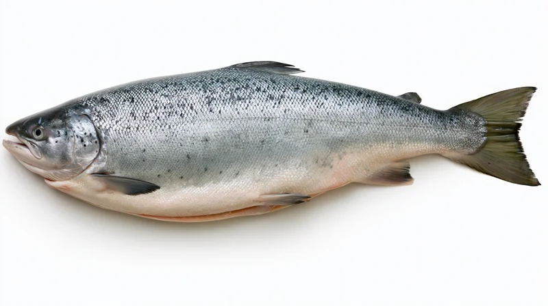 Whole fresh atlantic salmon lying on its side on white background