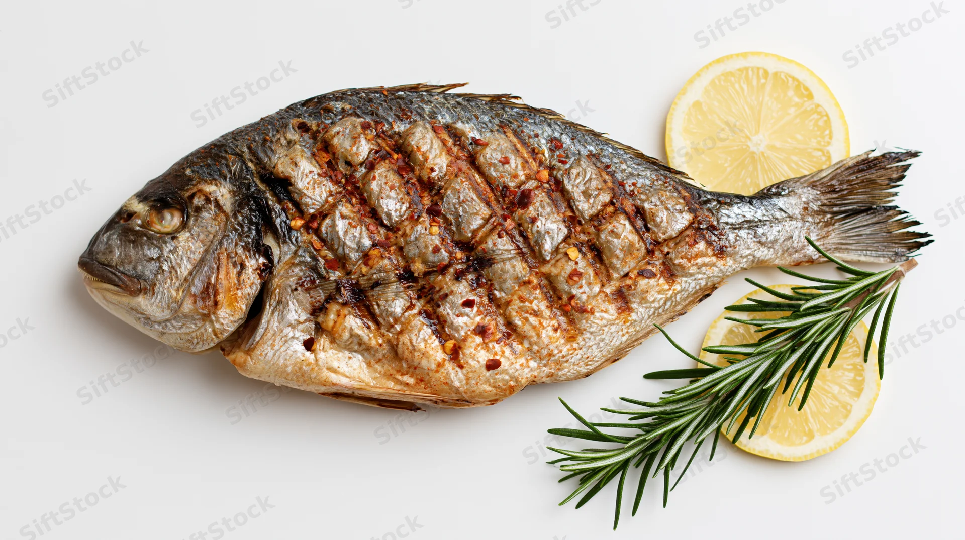 Whole grilled sea bream with lemon and rosemary on white background