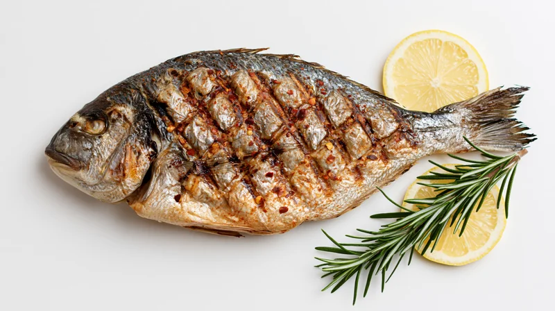 Whole grilled sea bream with lemon and rosemary on white background