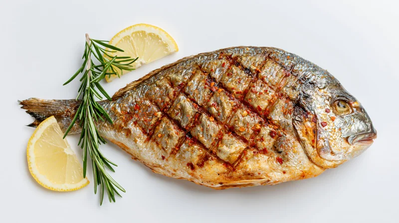 Whole grilled sea bream with lemon and rosemary on white background