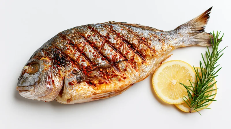 Whole grilled sea bream fish with lemon and rosemary on white background