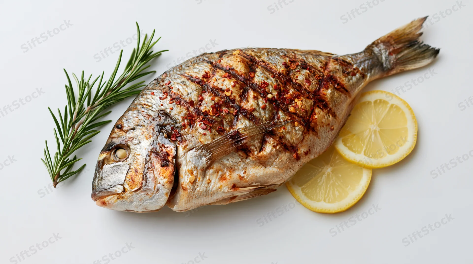 Whole grilled sea bream with lemon slices and rosemary on white background