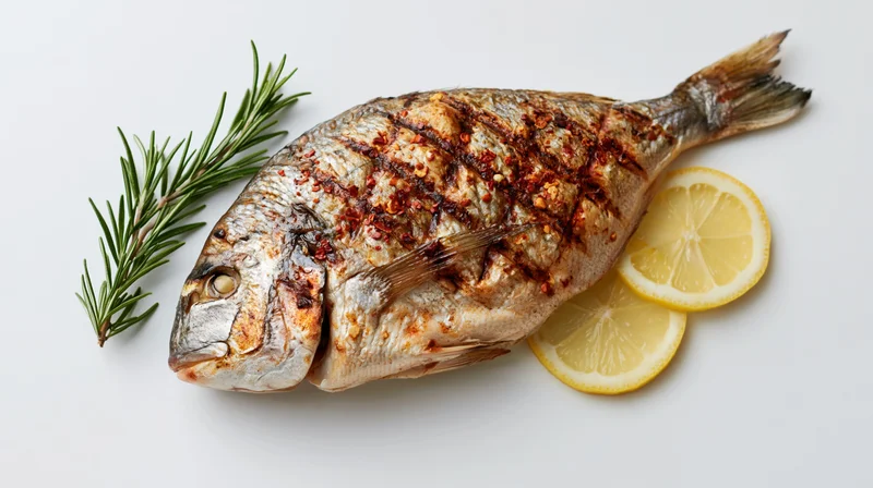 Whole grilled sea bream with lemon slices and rosemary on white background