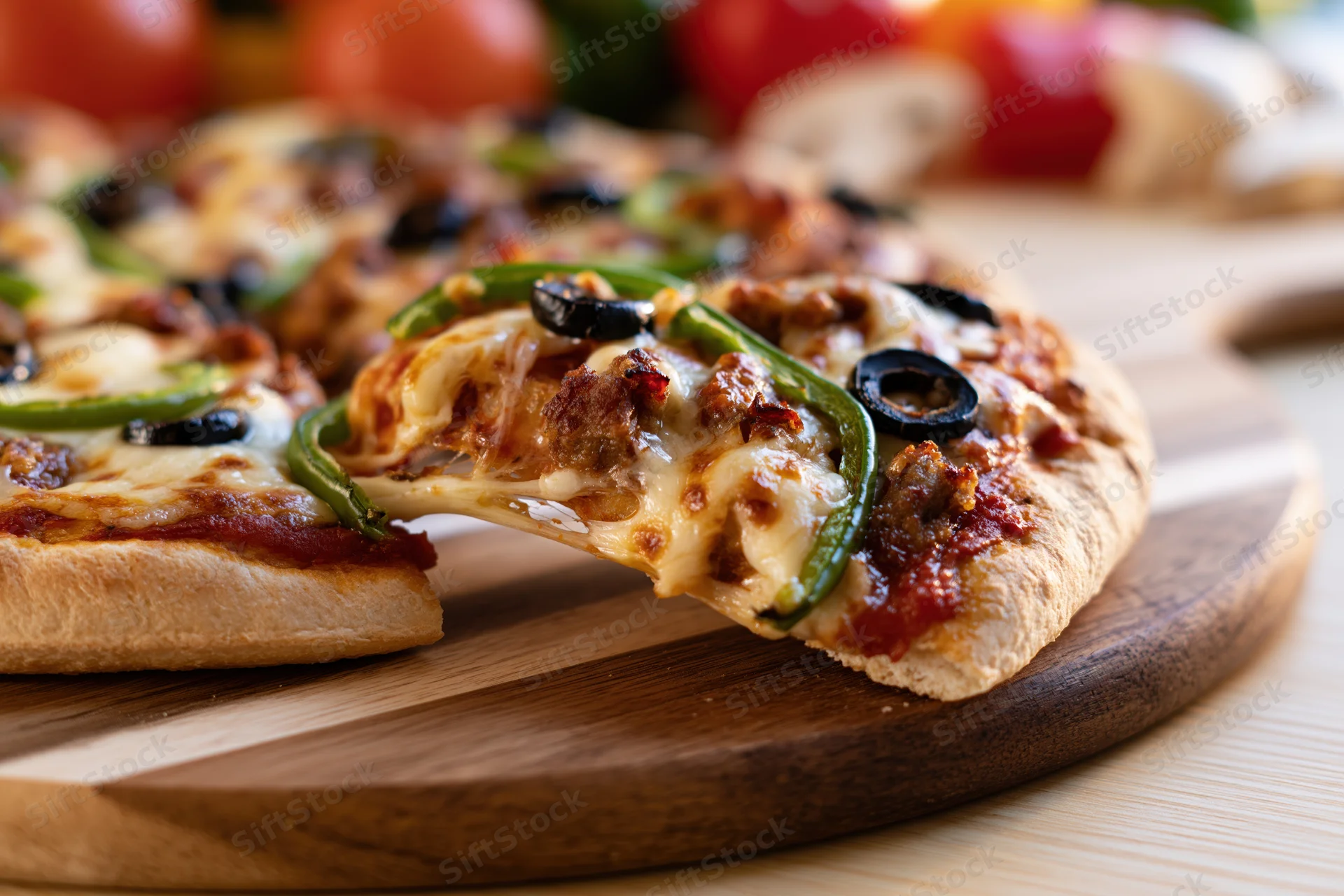 Slice of pizza with melted cheese and toppings pulled from whole on wooden board