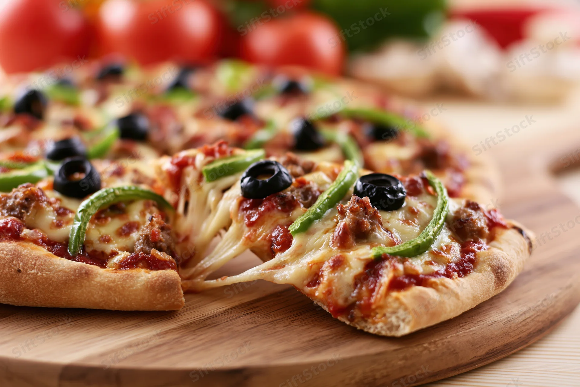 Pizza slice being pulled from whole pizza on round wooden cutting board