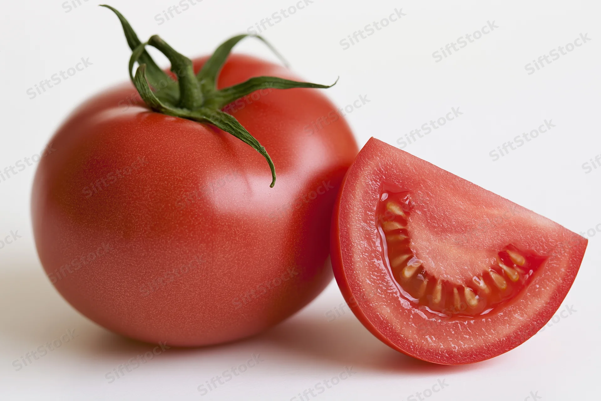 Whole ripe tomato with green calyx beside a sliced wedge on white surface