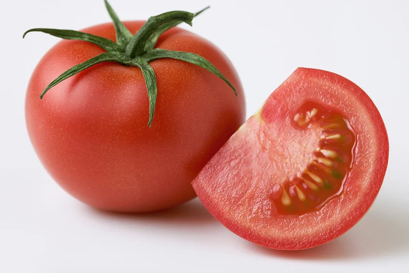 Whole ripe tomato with green calyx beside a cut slice on white background