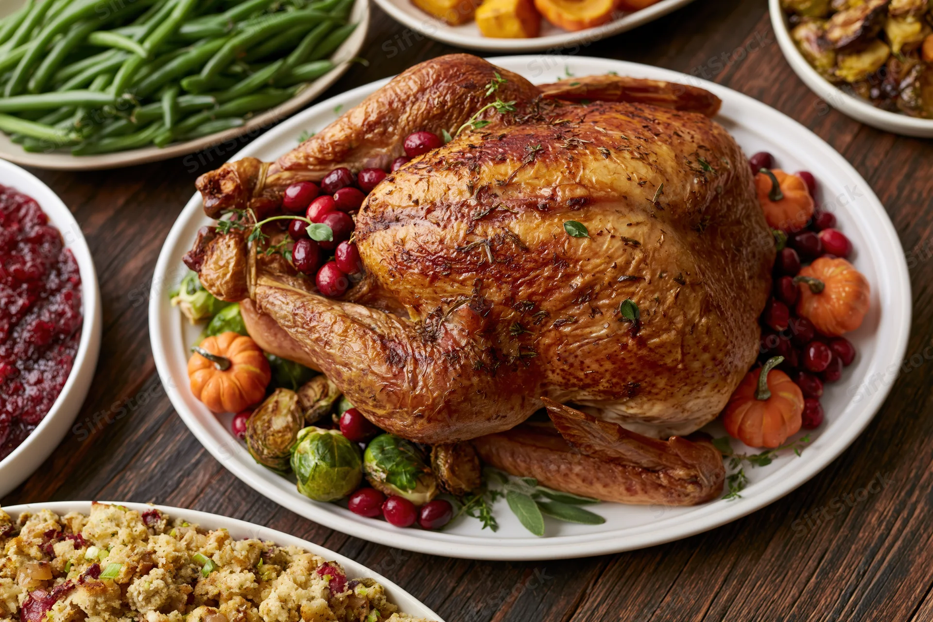 Roasted turkey on a white plate surrounded by cranberries, pumpkins, and vegetables on a wooden table