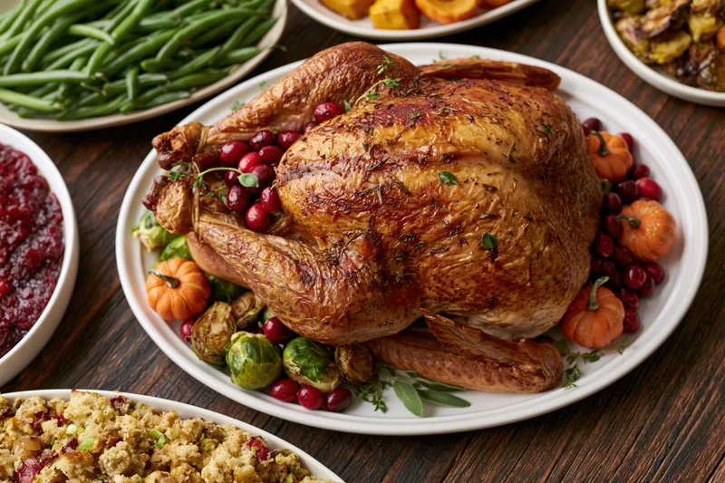 Roasted turkey on a white plate surrounded by cranberries, pumpkins, and vegetables on a wooden table