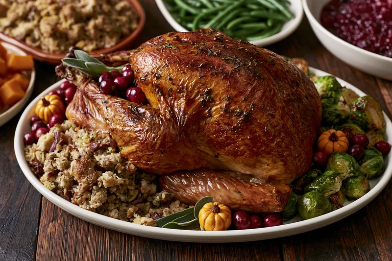 Roasted turkey with stuffing and vegetables on a white ceramic plate at a thanksgiving dinner table