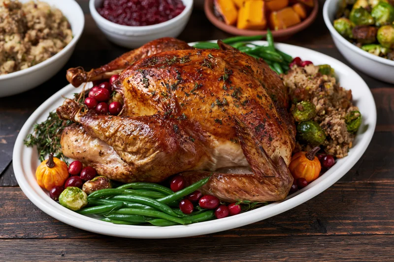 Roasted turkey on a white ceramic platter surrounded by stuffing, cranberries, green beans, and Brussels sprouts on a dark wooden table