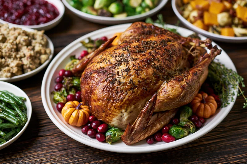 Roasted turkey garnished with cranberries and herbs on a white plate surrounded by side dishes on a dark wooden table