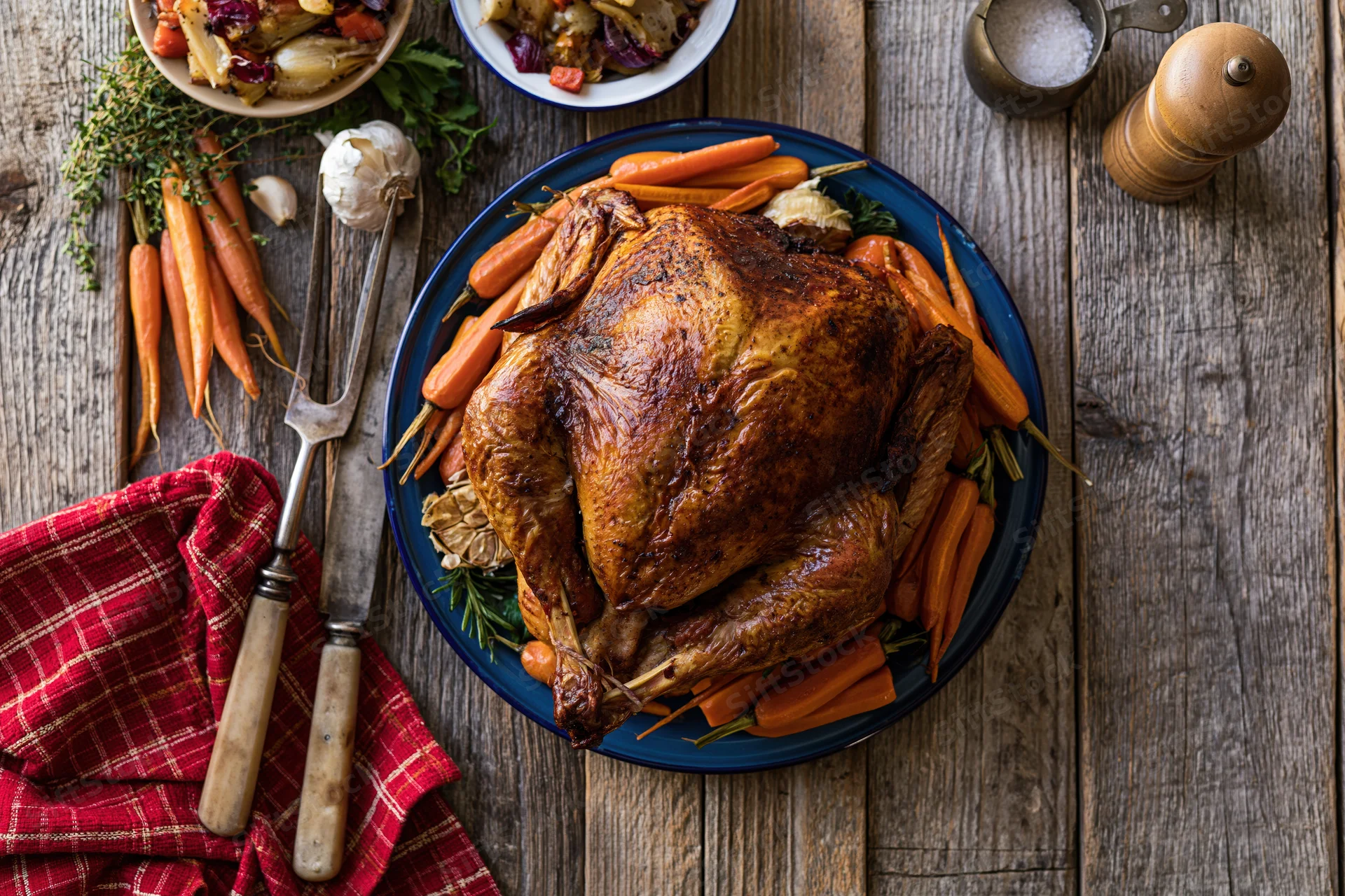 Whole roasted turkey on a blue enamel plate surrounded by carrots and herbs on a rustic wooden table