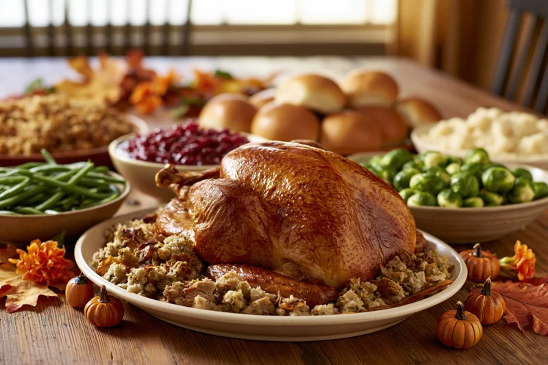 Roasted turkey with stuffing on a wooden table surrounded by holiday side dishes and autumn decorations
