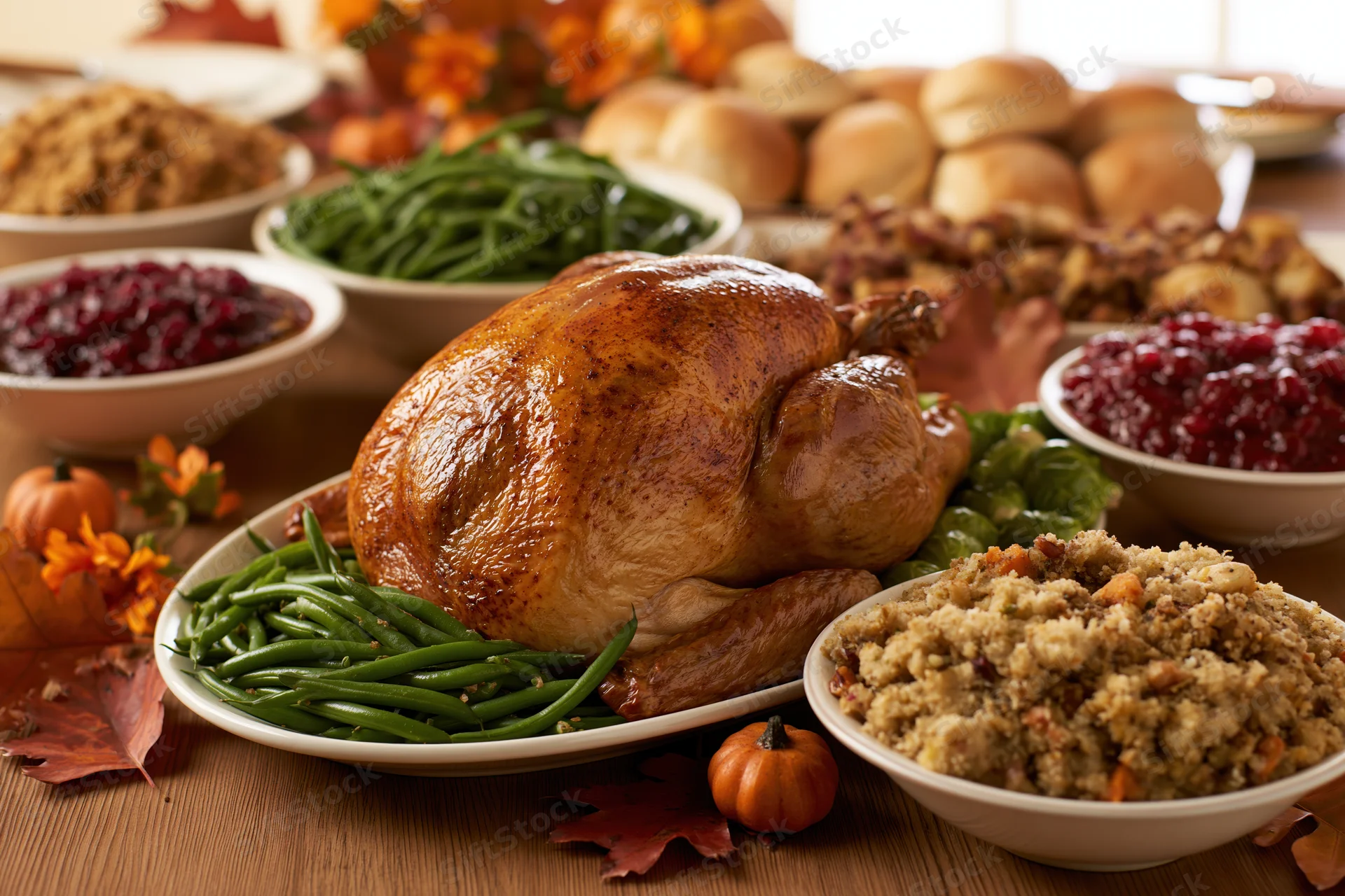 Roasted turkey centered on a wooden dining table surrounded by stuffing, cranberry sauce, green beans, rolls, and autumn decorations
