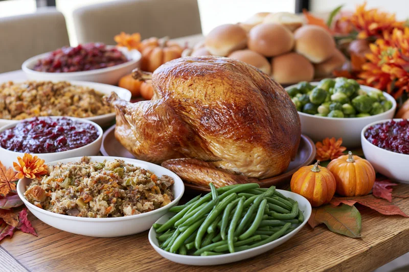 Roasted turkey centered on a wooden dining table surrounded by side dishes and autumn decorations