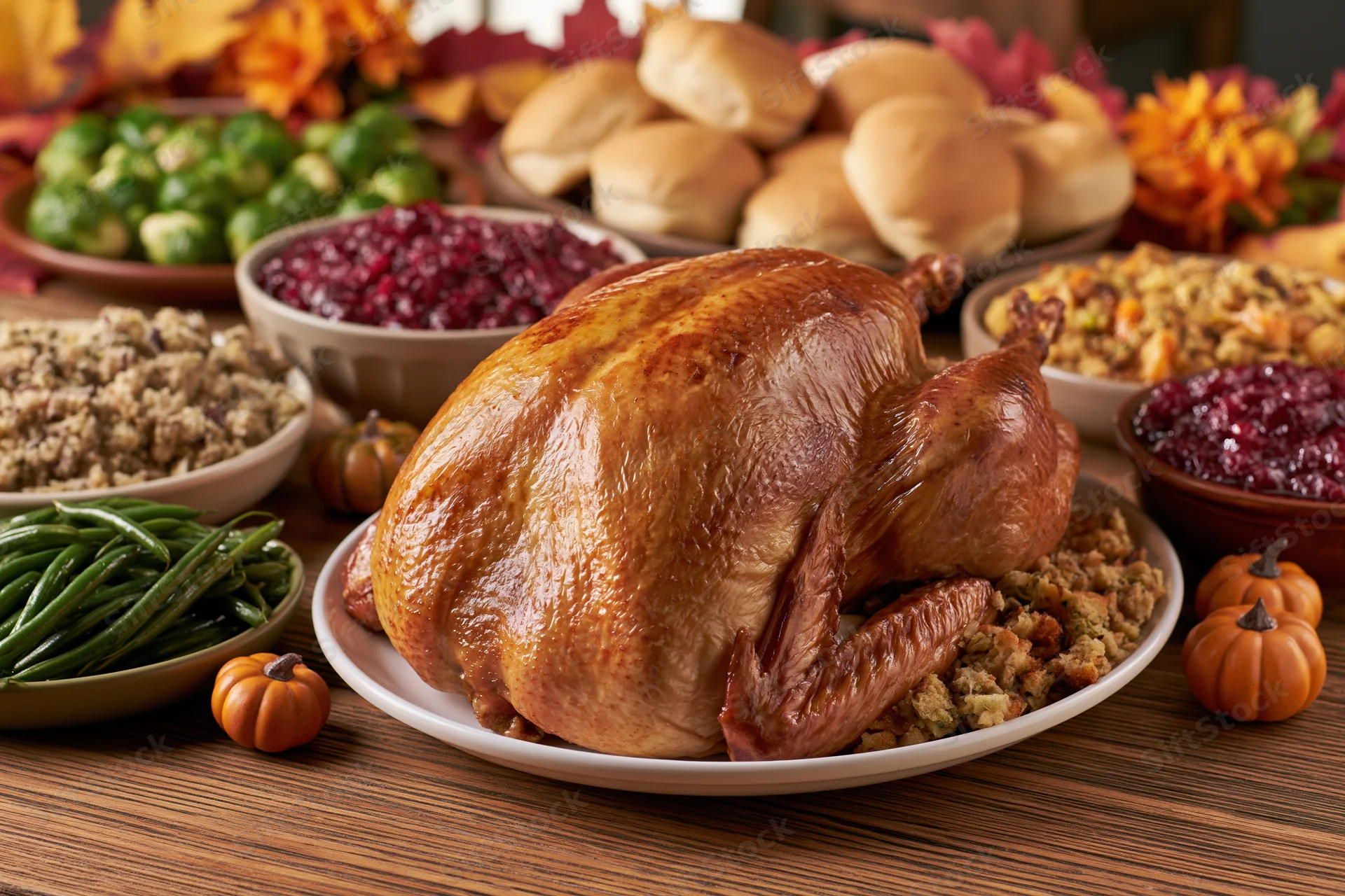 Roasted turkey on a wooden table surrounded by side dishes and autumn decorations for thanksgiving dinner