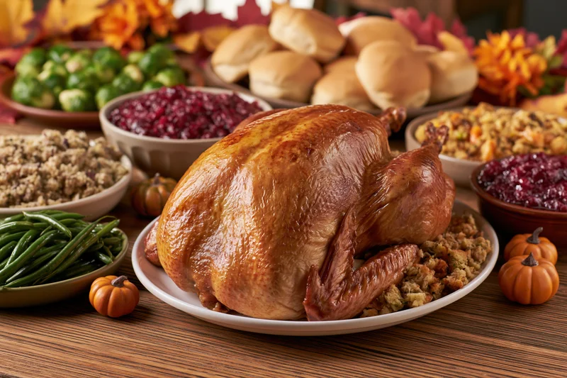 Roasted turkey on a wooden table surrounded by side dishes and autumn decorations for thanksgiving dinner