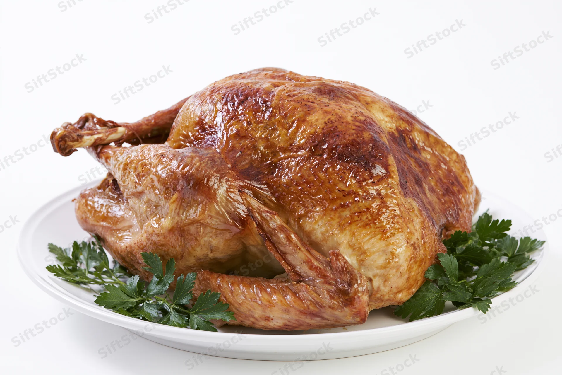 Whole roasted turkey on a white ceramic platter garnished with parsley