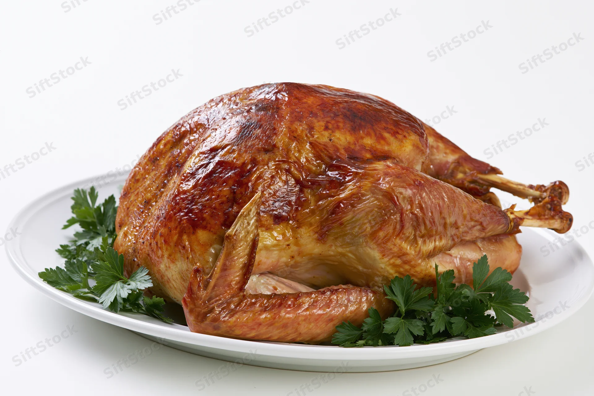 Whole roasted turkey on a white ceramic platter garnished with parsley