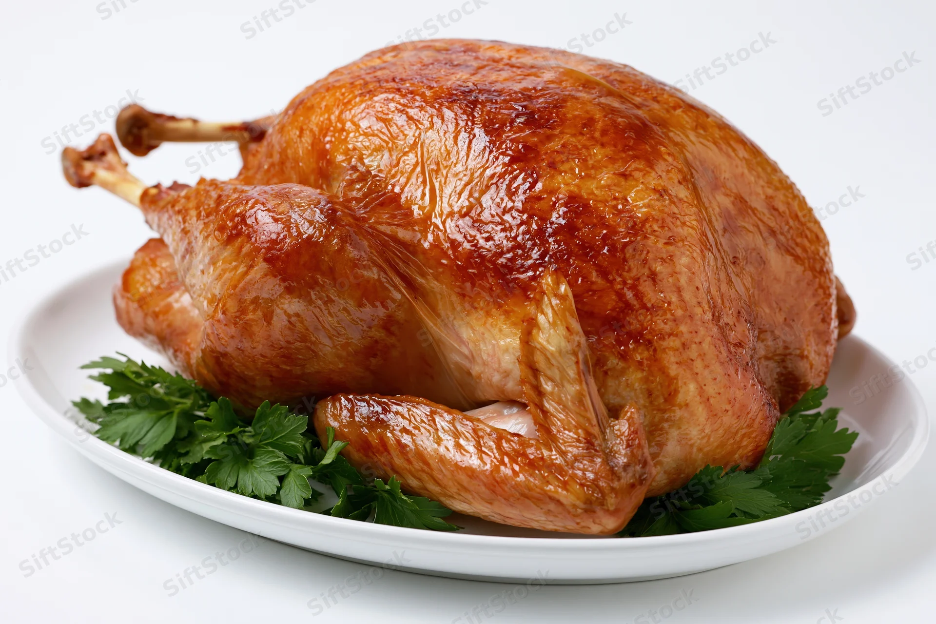 Whole roasted turkey on a white ceramic platter garnished with parsley