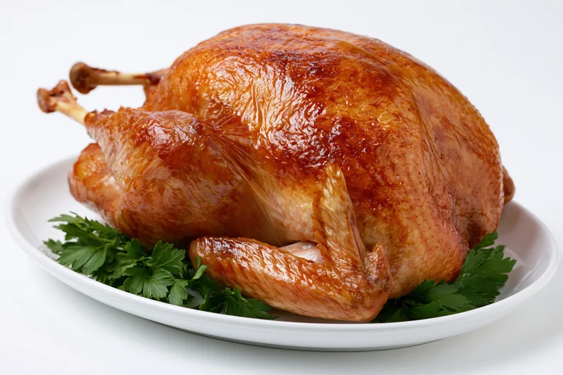 Whole roasted turkey on a white ceramic platter garnished with parsley