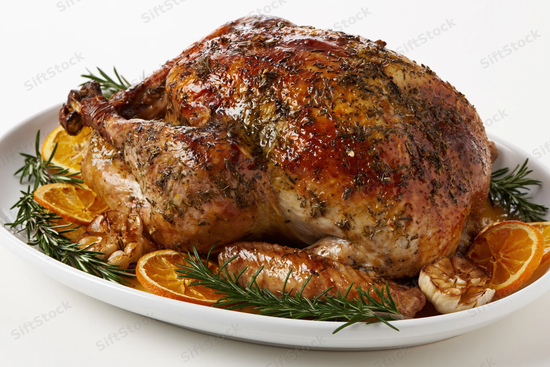 Whole roasted turkey on a white ceramic platter garnished with rosemary, orange slices, and garlic
