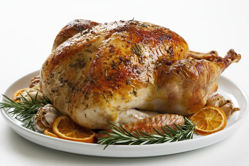 Whole roasted turkey garnished with rosemary, orange slices and garlic on a white ceramic platter