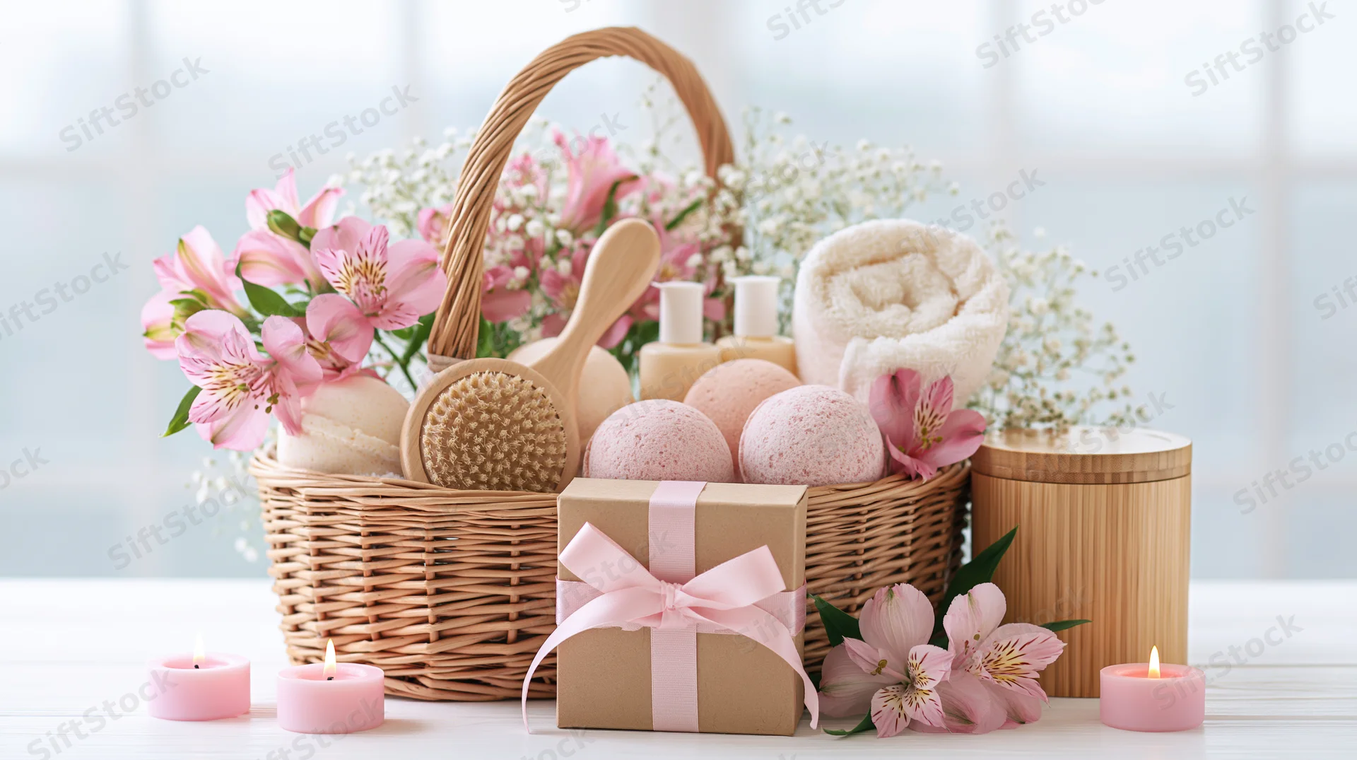 Wicker gift basket filled with bath bombs, massage brush, towel, flowers and candles on a white surface