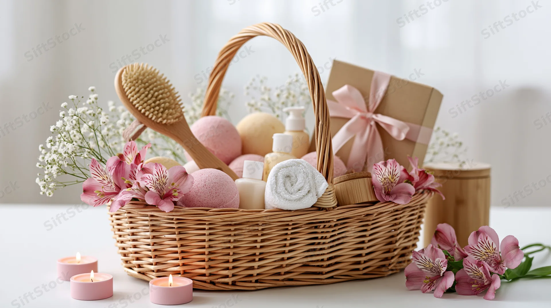Wicker gift basket filled with bath bombs, massage brush, candles, flowers and skincare products on a white surface