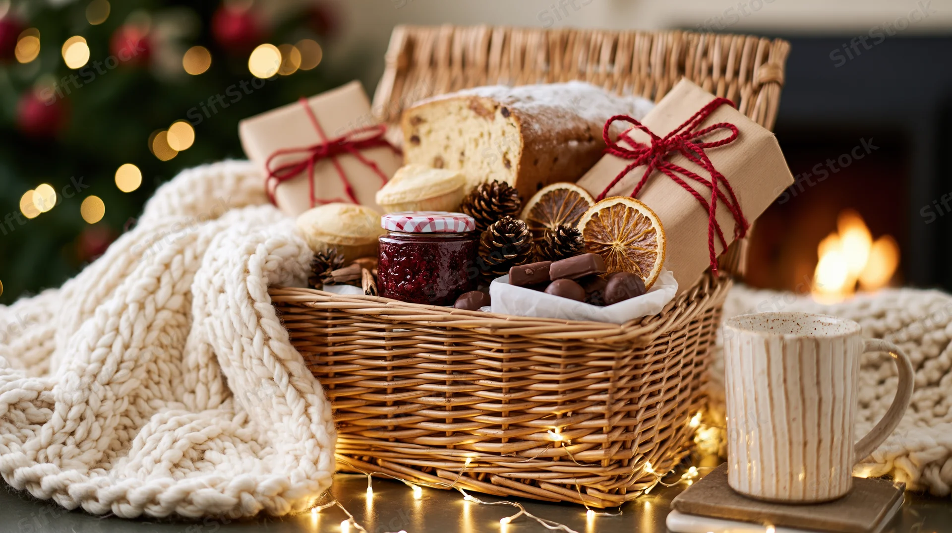 Wicker hamper filled with christmas treats and gifts beside a fireplace with a knit blanket and mug of cocoa