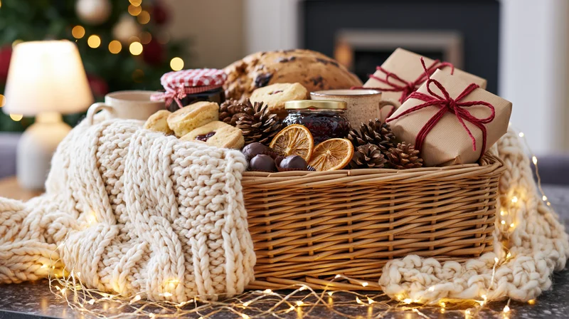 Wicker hamper filled with christmas treats and gifts on a table with knit scarf and fairy lights