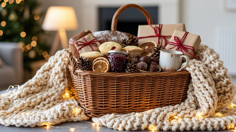 Wicker hamper filled with christmas treats and gifts on a knit blanket with fairy lights