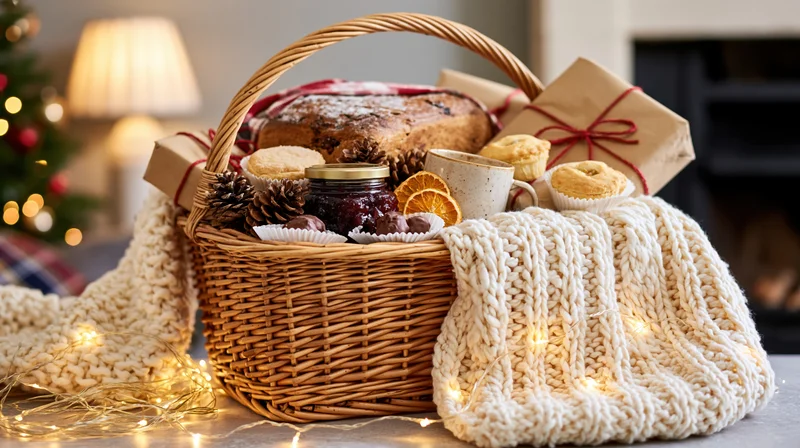 Wicker hamper filled with christmas treats and baked goods on a table near a fireplace and decorated tree