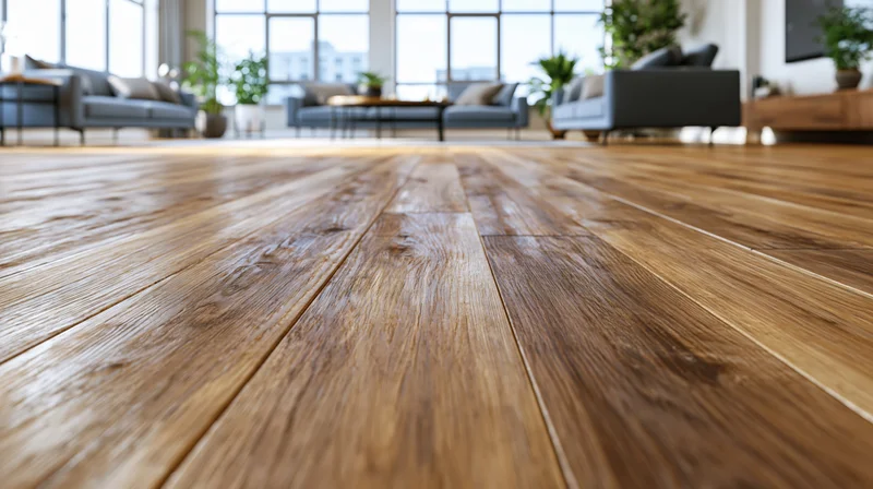 Wide-plank hardwood floor in sharp focus leading to modern living room furniture and large windows