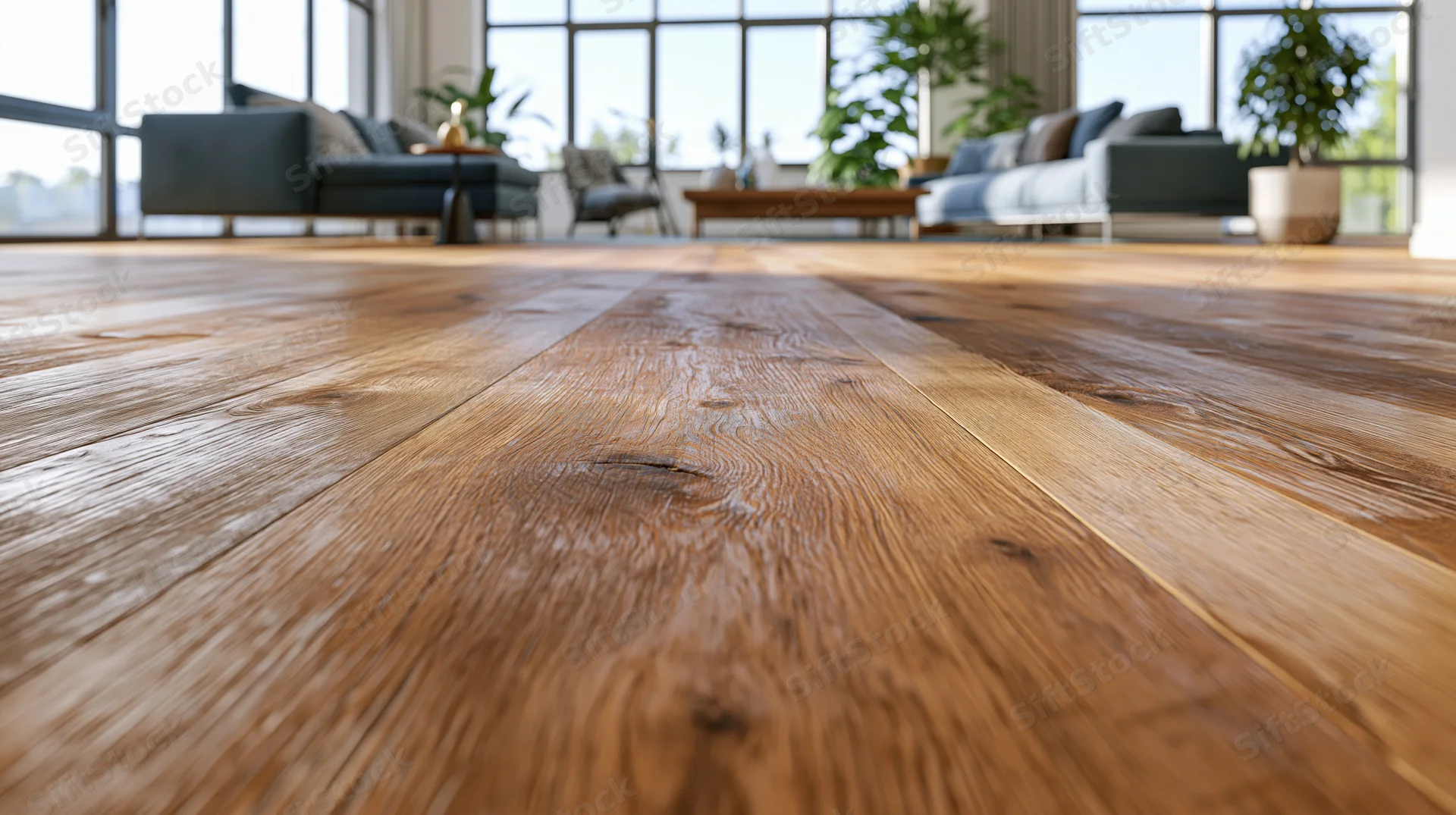 Wide-plank hardwood floor in sharp focus leading to a modern living room with sofas and large windows
