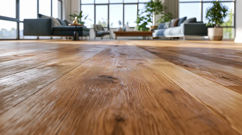 Wide-plank hardwood floor in sharp focus leading to a modern living room with sofas and large windows
