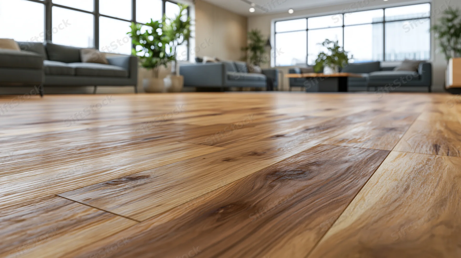 Wide-plank hardwood floor in a modern living room with sofas and large windows