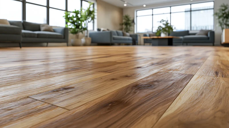 Wide-plank hardwood floor in a modern living room with sofas and large windows