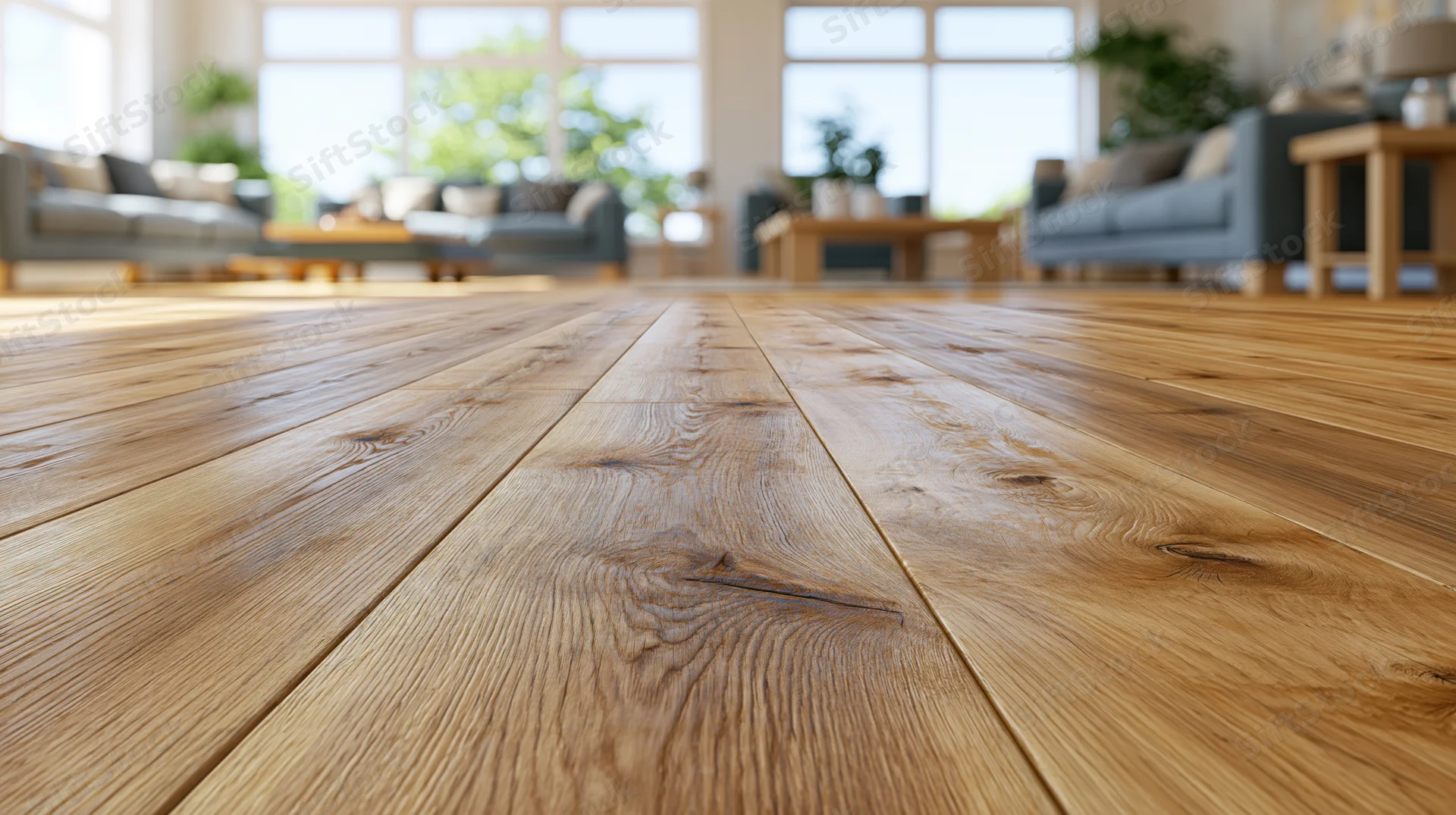Wide-plank hardwood floor in sharp focus leading to a bright living room with sofas and windows
