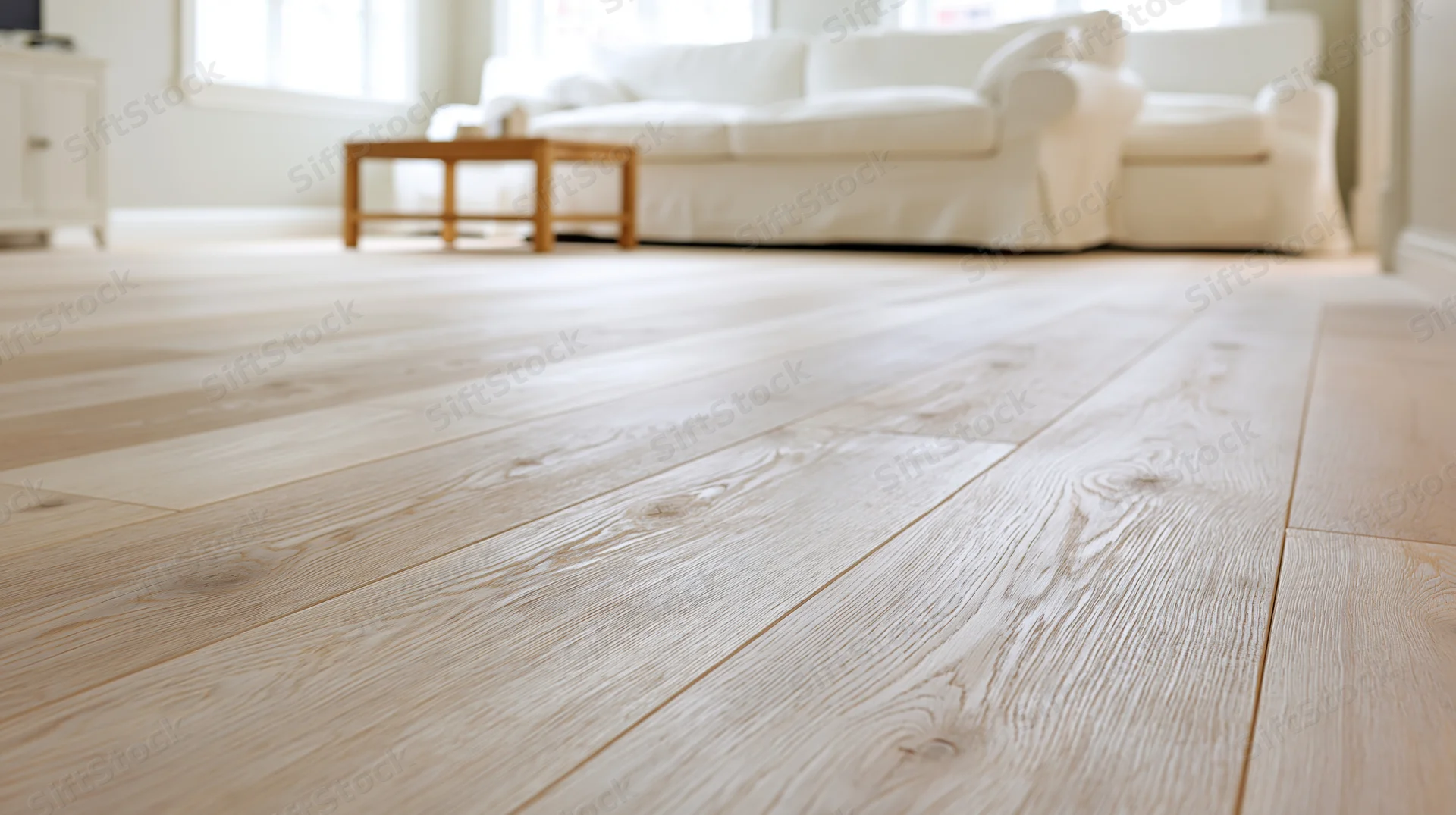 Wide-plank whitewashed oak hardwood flooring in a bright living room with sofa and coffee table in background