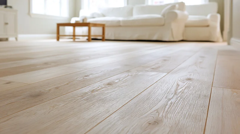 Wide-plank whitewashed oak hardwood flooring in a bright living room with sofa and coffee table in background