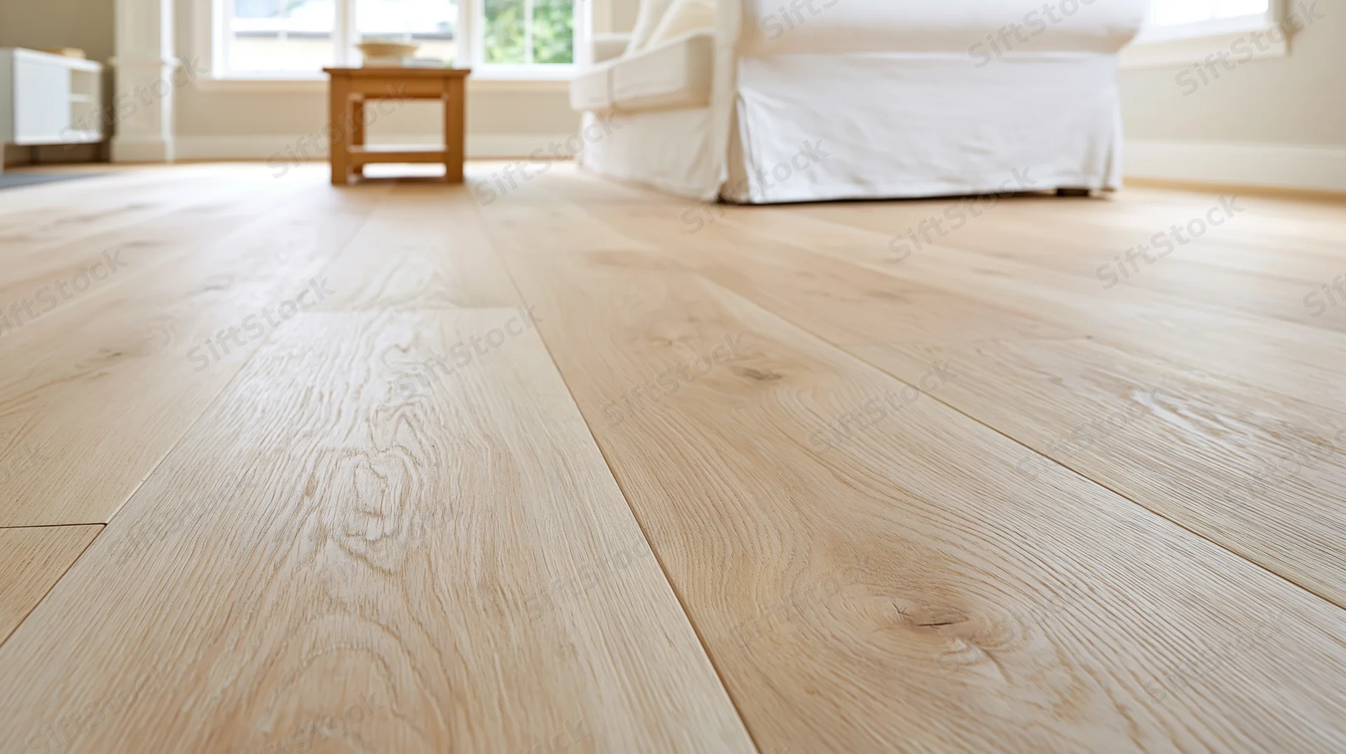 Wide-plank whitewashed oak hardwood flooring in a bright living room with sofa and table in background