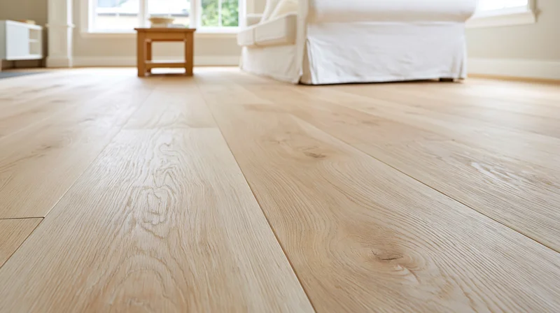 Wide-plank whitewashed oak hardwood flooring in a bright living room with sofa and table in background