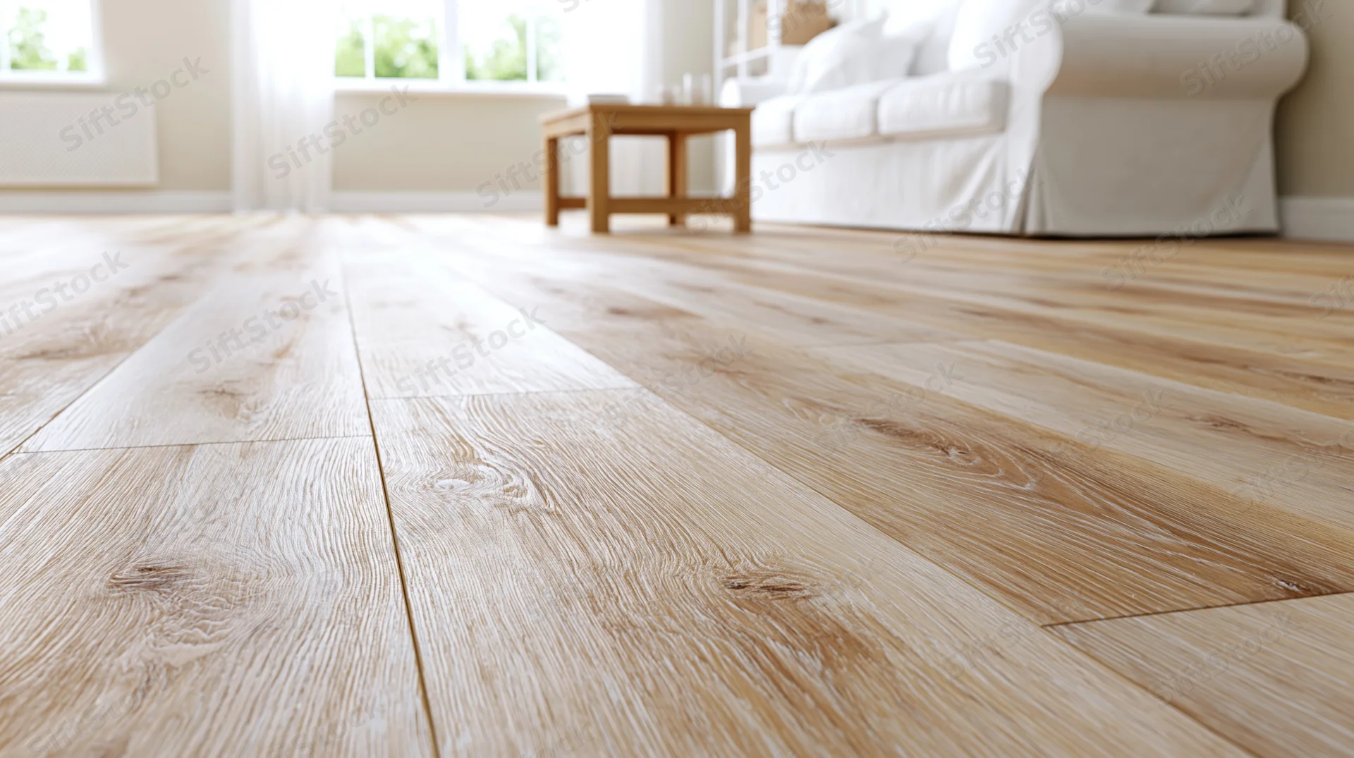 Wide-plank whitewashed oak hardwood flooring in a bright living room with sofa and coffee table in background