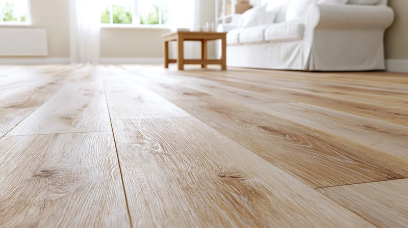 Wide-plank whitewashed oak hardwood flooring in a bright living room with sofa and coffee table in background